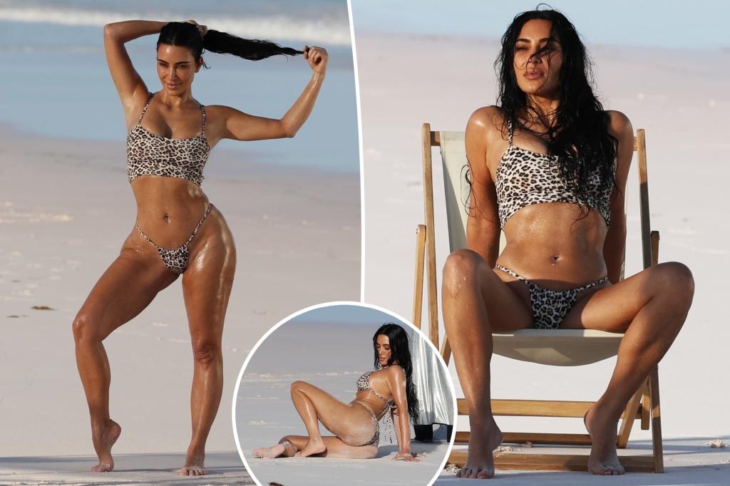 Kim Kardashian frolics on the seashore sporting leopard-printed bikini for thriller photoshoot