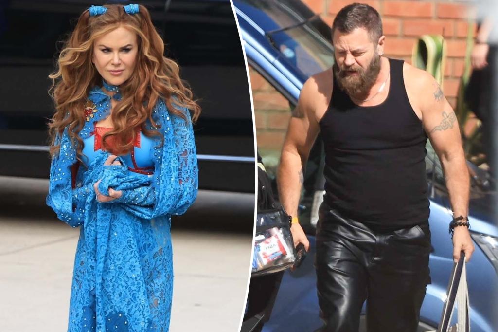 Crimson-headed Nicole Kidman, buff Nick Offerman look practically unrecognizable on TV set